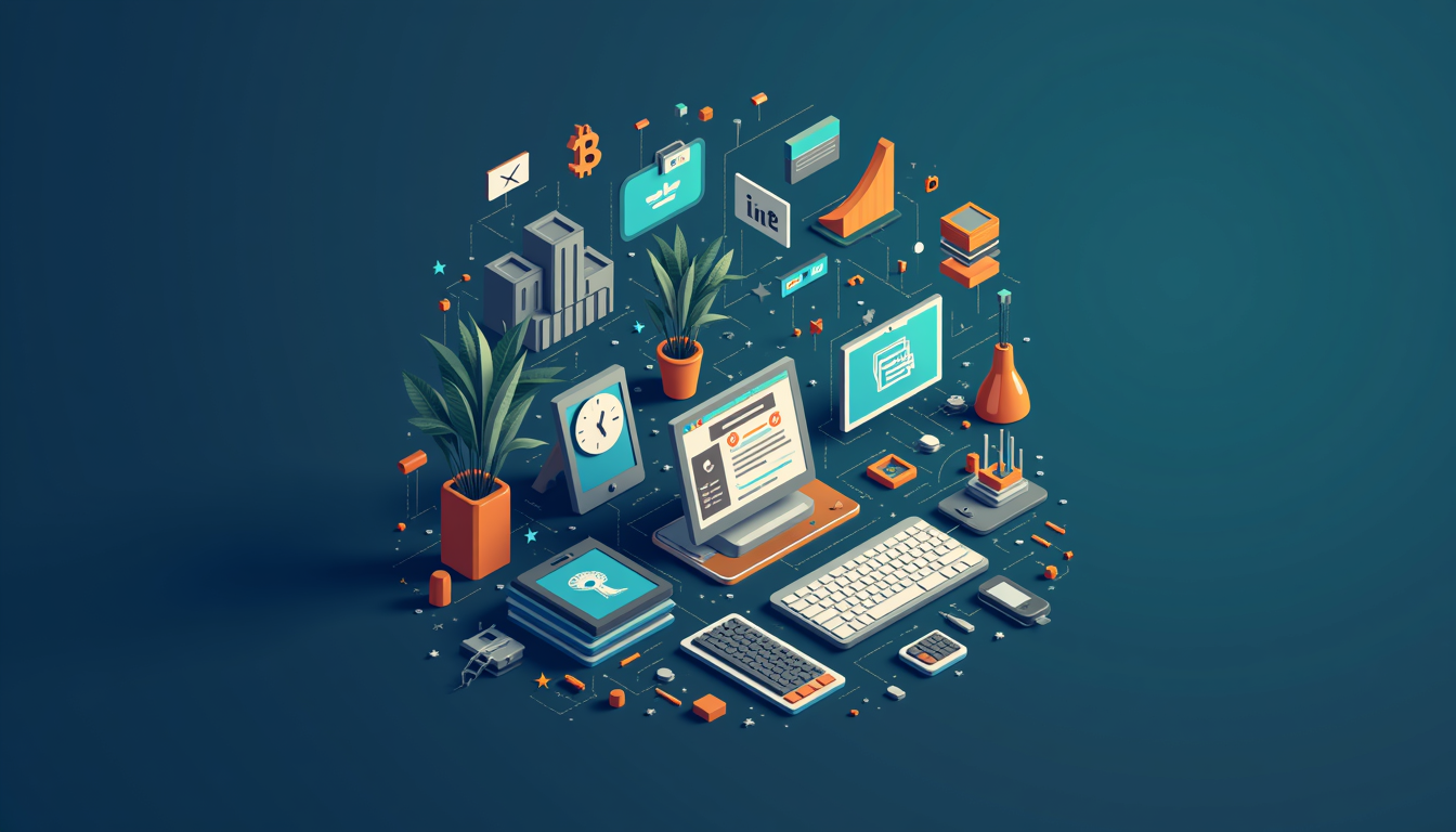 Ilustrație cu o persoană care navighează un curs IT online, cu simboluri de angajare și succes în fundal