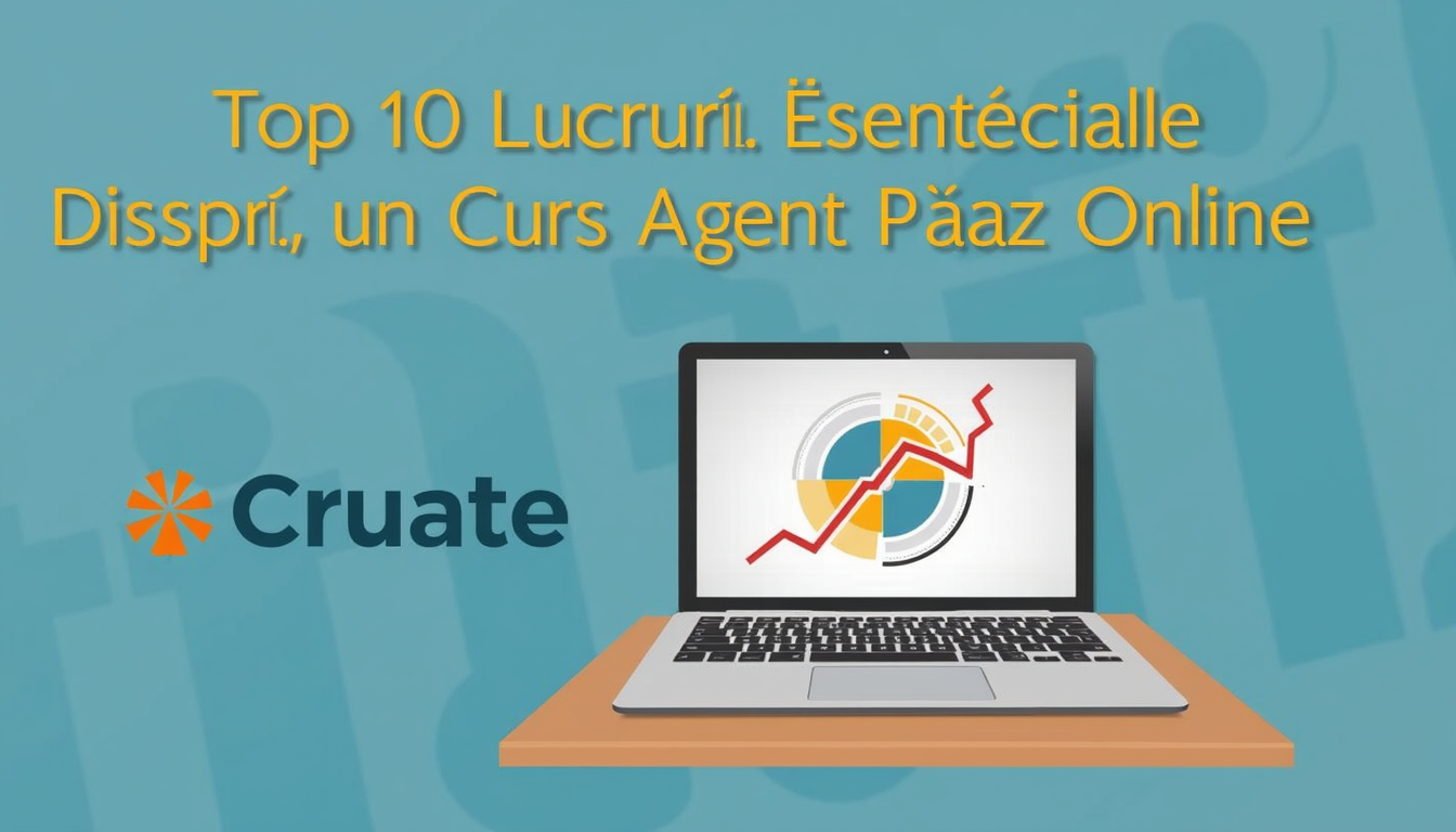 Un monitor afișând un curs agent paza online, cu o insignă de securitate și o tastatură alături, simbolizând învățarea